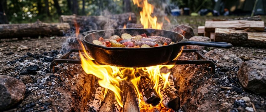 Sausages and potatoes sizzle in black cast iron skillet over campfire flames during rustic outdoor campsite cooking experience in forest