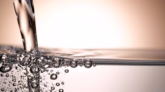 Pure Water Pouring: Clear, refreshing water is poured into a container, creating dynamic bubbles and ripples on the surface, a close-up shot emphasizing purity and fluidity.