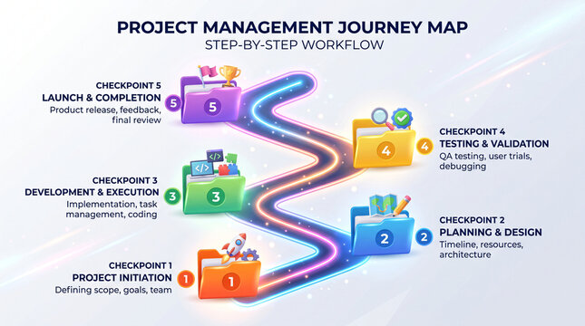 Project management journey map infographic showing workflow checkpoints from initiation to launch for business loans and financial strategy execution roadmap