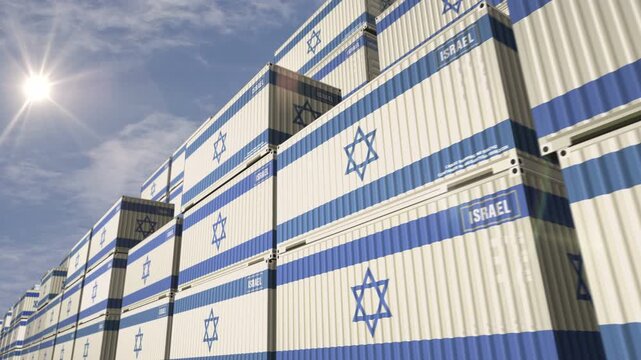 Israel export import and production cargo containers in row seamless and looping concept. Israeli flag industrial shipping box 3d loop.