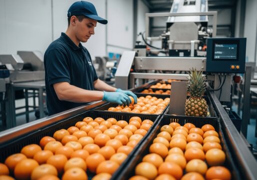 Worker carefully sorting fresh oranges and pineapple at a food processing facility