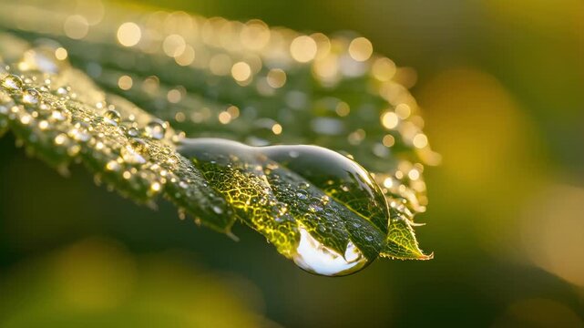 Macro close-up of a clear dew drop resting on a green leaf. Bright morning sunlight shining through the water droplet creating a starburst effect