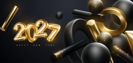 Golden 2027 numbers with flowing black and gold geometric 3d shapes. Vector festive illustration. Happy New 2027 Year. Festive poster or banner design. Party invitation © maximmmmum