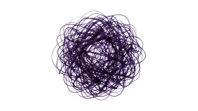 Dark purple messy scribble tangle representing chaos and confusion on white background