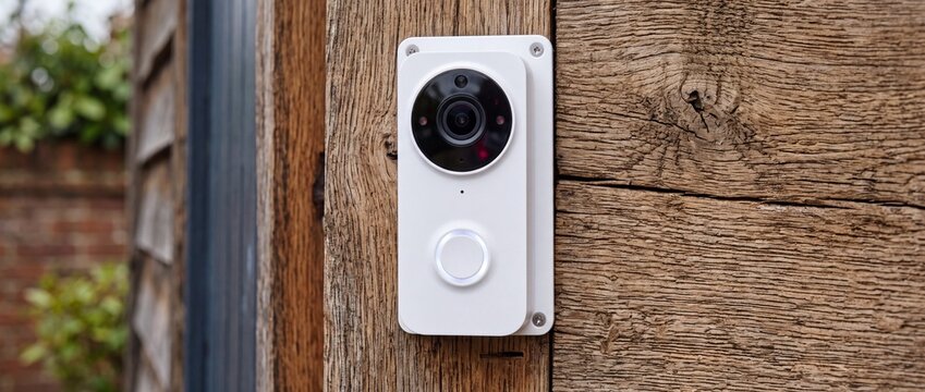 Modern wireless outdoor smart doorbell camera with white casing and illuminated push button mounted on rustic textured timber wood plank