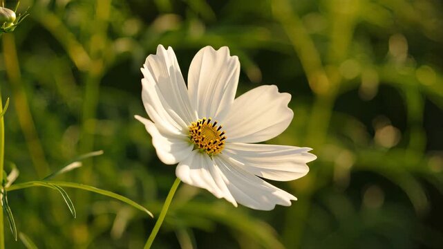 Close-up of a delicate white cosmos flower swaying in the breeze. Blooming flora in a green summer garden with warm sunlight