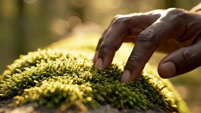Hand gently touching vibrant green moss in a forest. Fingers exploring natural plant texture in warm sunlight. Connection with nature concept