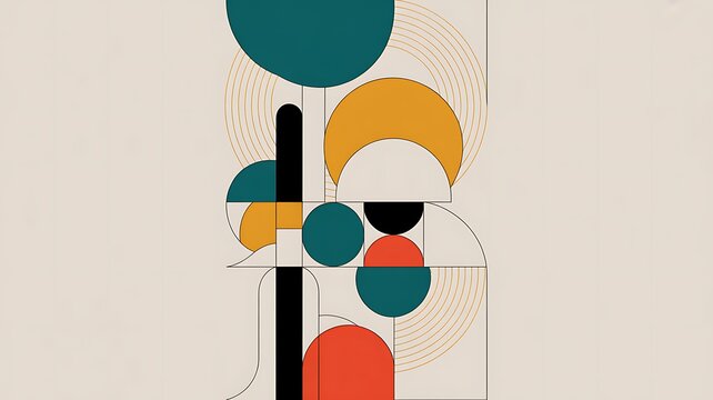 Abstract minimalist geometric composition featuring circular shapes and clean line work on a neutral background