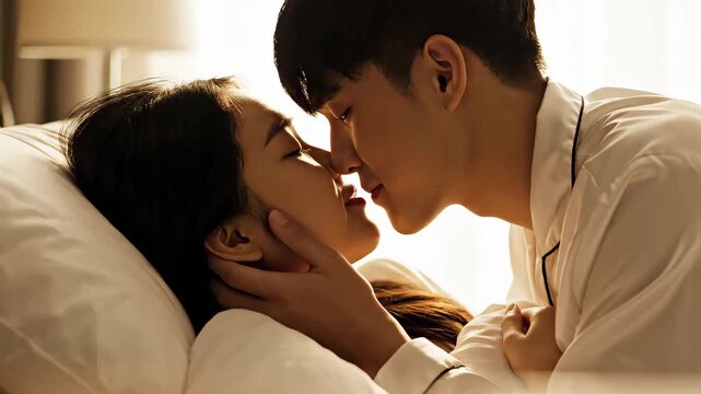 Young Asian couple sharing a sweet kiss in bed. Affectionate man and woman in white pajamas smiling and kissing in warm morning light. Romantic relationship concept