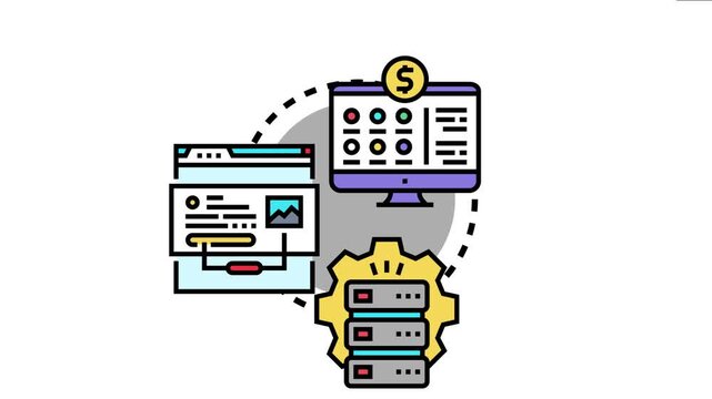 Browser based service conceptualizing online platform interaction, connecting web application on a computer and mobile device with backend server infrastructure, generating digital revenue
