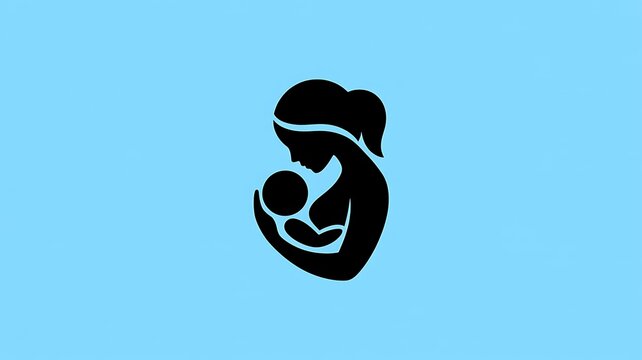 A minimalist black silhouette icon representing a loving mother breastfeeding her newborn infant isolated on a soft blue background