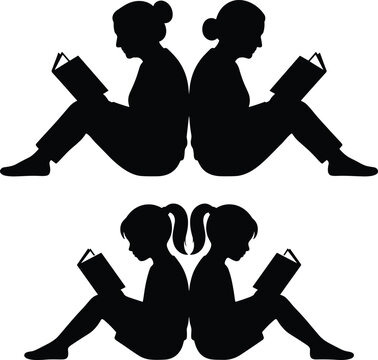 Black Silhouette Set of Women and Young Girls Sitting and Reading Books Isolated on White Background