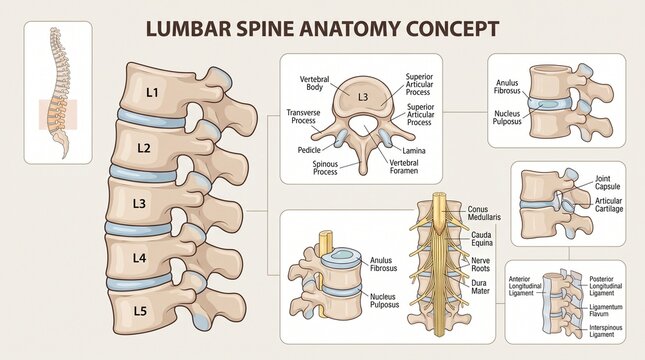Detailed diagram of lumbar vertebrae structure and intervertebral disc components for medical education with spinal canal components clear educational format