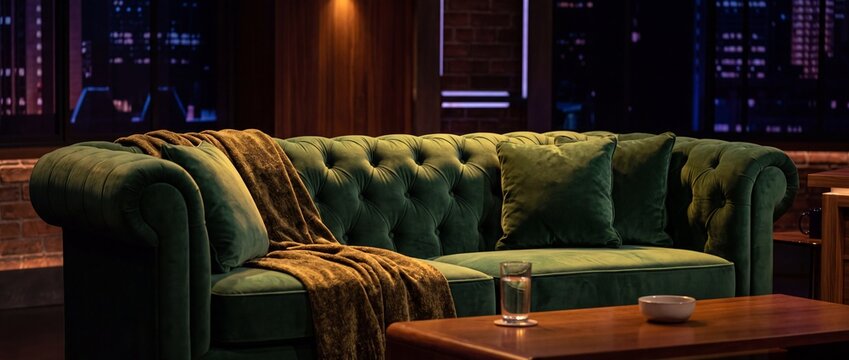 Emerald green velvet tufted sofa with warm blanket and glass of water rests on wooden table in luxury television talk show studio set