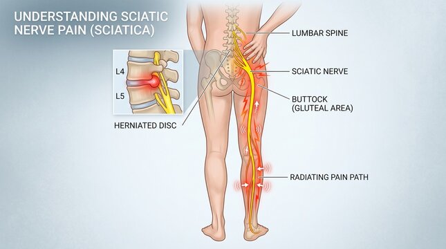 Anatomical illustration showing sciatic nerve pain originating from lumbar spine with detailed medical illustration herniated disc sciatic affected buttock area