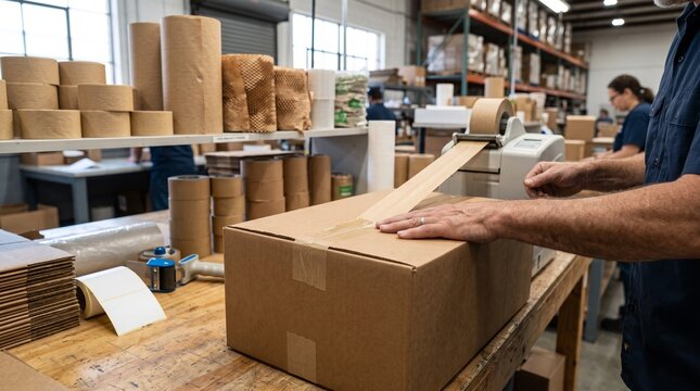 Hands Sealing Cardboard Box with Paper Packaging Tape