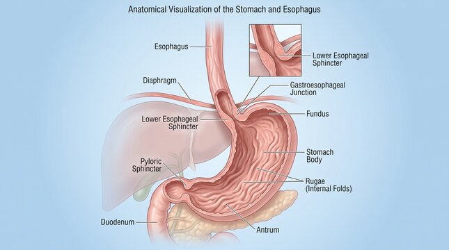 Detailed anatomical illustration of human stomach and esophagus with labeled digestive sections with three dimensional anatomical, provides precise three