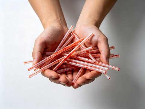Person holding blood stained plastic straws over white background