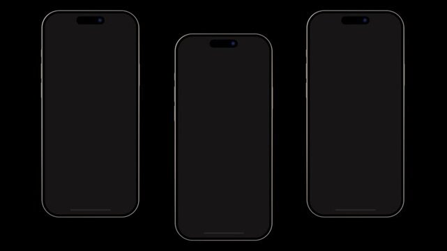 Three smartphone mockups stand aligned in dark minimalist studio space. Blank glass displays provide multi screen layout for application presentation. Clean gadget render shows pristine design.