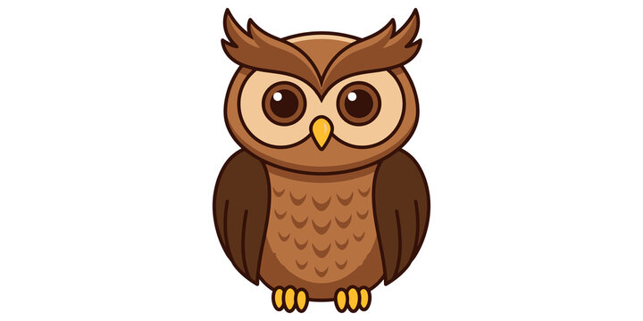 Cute brown owl character with large expressive eyes and detailed feather texture standing in frontal view for nature themed designs.