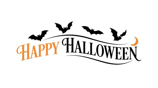 This vibrant and spooky halloween typography design features the words happy halloween in a playful artistic style enhanced with charming bat illustrations and a festive