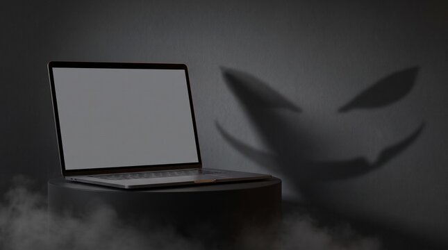 Blank laptop screen mockup on a dark podium with a scary Halloween shadow