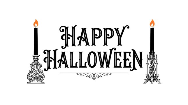 This captivating halloween typography design features elegant ornate lettering proclaiming 'happy halloween ' flanked by flickering candles evoking a spooky yet festive atmosphere perfect for