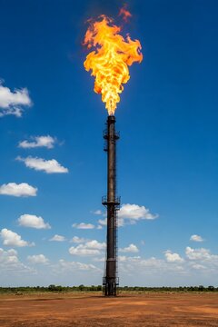 High gas flare stack burning off excess fuel in an arid dry landscape