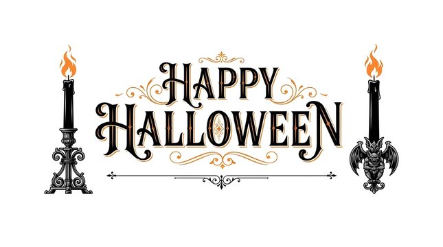 This captivating halloween typography design showcases an elegant and spooky 'happy halloween' message adorned with ornate flourishes vintage inspired fonts and flickering candlelight creating a