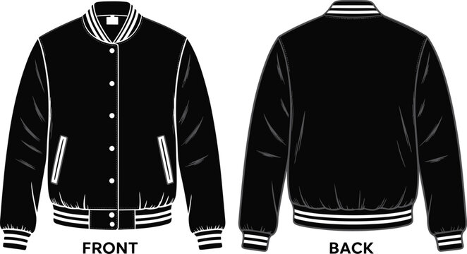 Black varsity jacket showing front and back views with striped ribbed collar, cuffs, and hem, isolated on white background