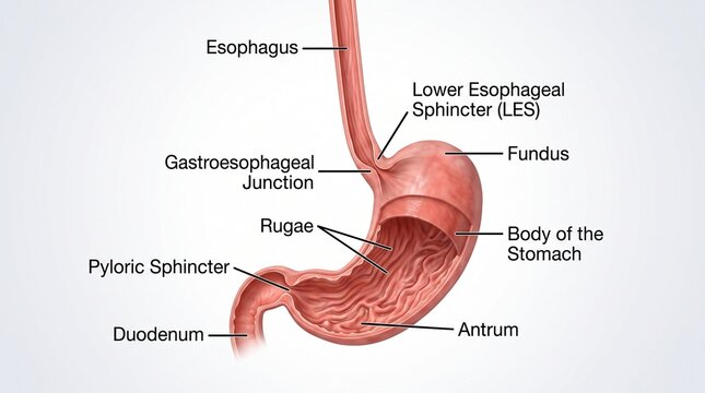 Detailed anatomical illustration of human digestive system focusing on stomach with highlighting key sections fundus clear labeled anatomical body pyloric sphincter