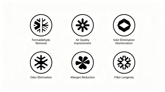 Circular geometric air purification attribute icon kit, durable formaldehyde removal and anti sensitivity filter screen, suitable for cross-border stores and product parameter description interface.
