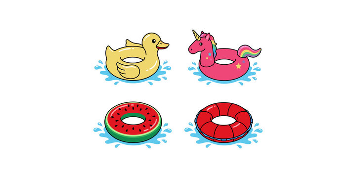 Collection of four inflatable rubber rings shaped like duck unicorn watermelon and red ring floating on water.