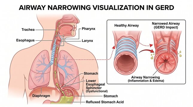 Medical illustration showing gerd caused airway narrowing due to inflammation with anatomical visualization comparing depicts detailed anatomical affected gerd induced