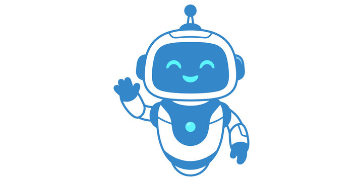 Cute blue robot character with friendly face waving hand featuring rounded body and bright cyan glowing features on simple curved design.