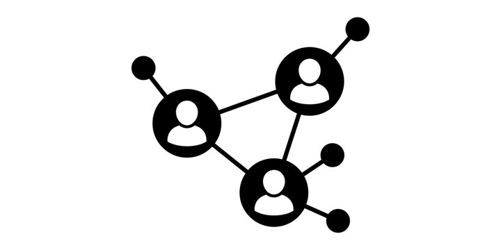 Simple black and white icon depicting a connected social network with multiple user profiles linked by lines.