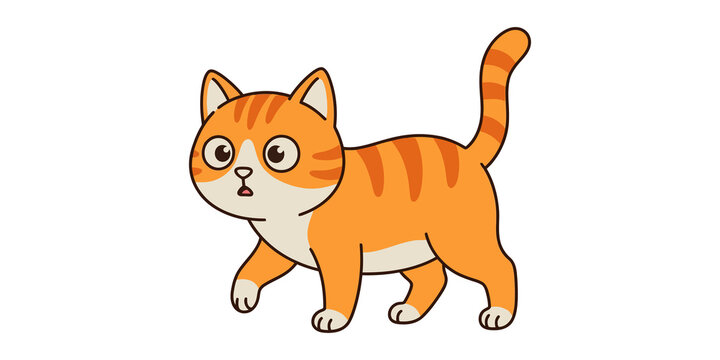 Orange tabby cat character walking with curious expression and striped fur for children story book or cute animal graphic design projects.