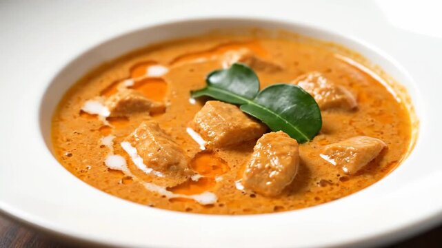 Rich and Creamy Thai Panang Red Curry with Cubes of Protein Served in a White Bowl, Garnished with Fresh Kaffir Lime Leaves
