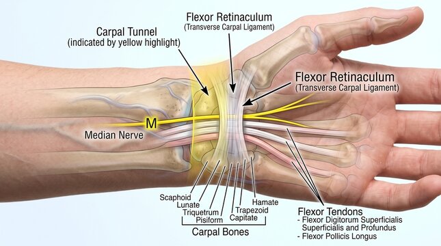 Anatomical diagram of human wrist showing carpal tunnel syndrome components with median nerve with surrounding carpal bones educational purposes flexor retinaculum surrounding