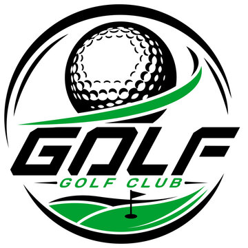Round Athletic Sport Emblem with Dimpled Sphere over Wavy Green Fairway and Putting Green with Flagstick.