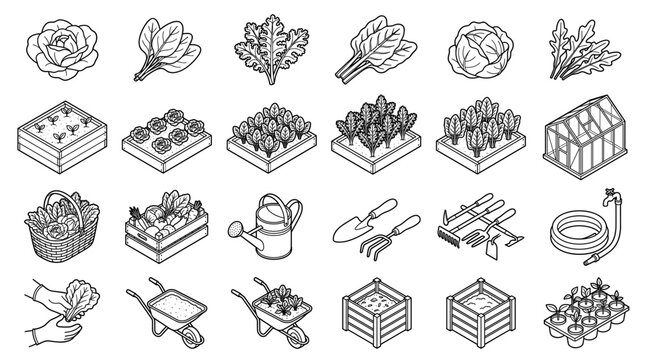 Gardening isometric line icons set