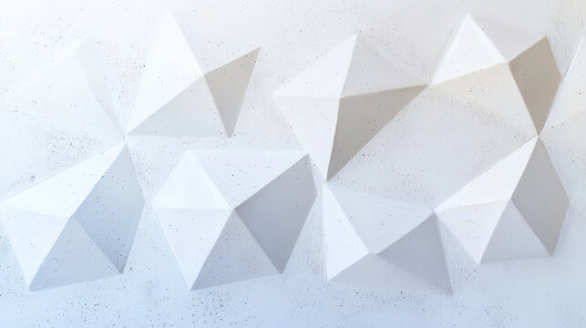 Modern geometric wall design features three dimensional white shapes creating unique texture and visual interest