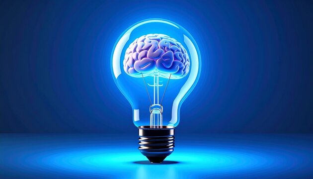 Luminous brain inside a clear incandescent bulb during innovation concept with glowing blue light on blue background