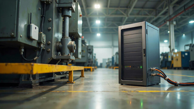 Industrial computer server rack unit standing on a concrete warehouse floor surrounded by heavy manufacturing machinery and equipment in a factory