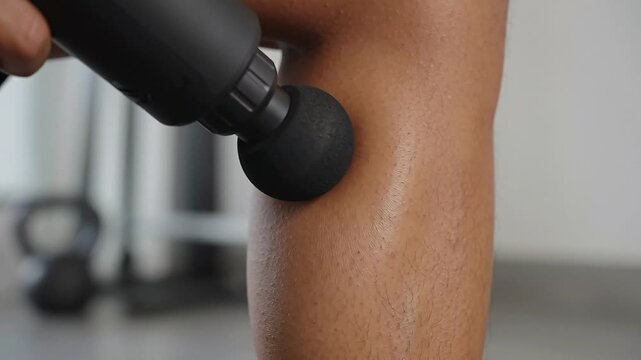 A percussion massage gun pressed into a calf muscle, slight motion