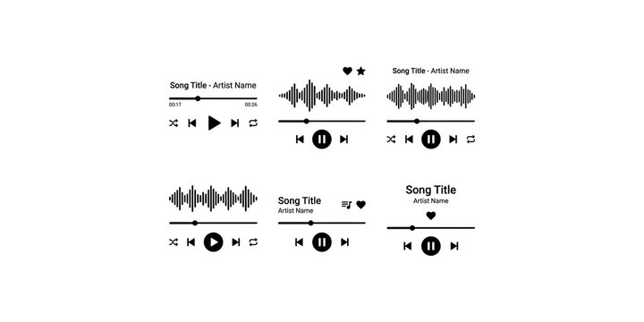 Set of black audio player interface templates with song title and artist name bars sound waveforms play pause and track navigation.