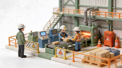 Fototapeta premium Miniature industrial factory with workers, conveyor belt, machinery, and safety gear, illustrating manufacturing, production, workplace safety, and modern industrial operations today.