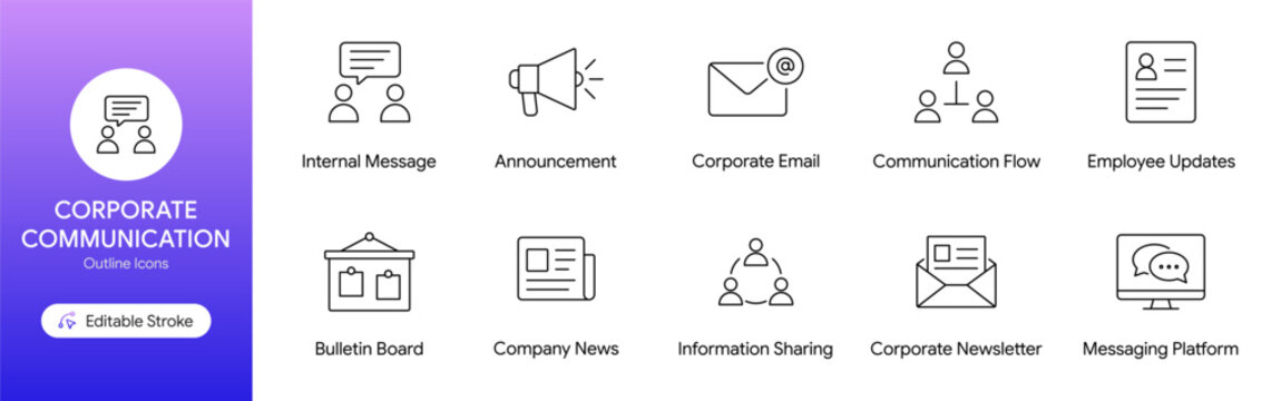 Corporate communication outline icon set featuring internal message announcement email and company news vector illustration