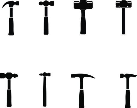 Construction tool black icon set containing hammers axes and hardware equipment elements for industrial web design