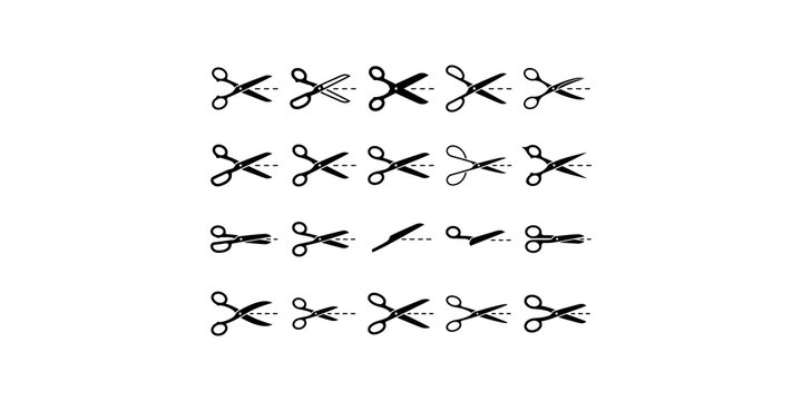 Black scissor cut line dash paper stationery tool icon design set collection on isolated transparent background.